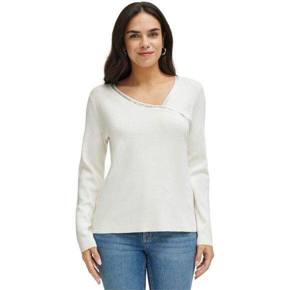 Calvin Klein Tops - Calvin Klein Womens Embellished Asymmetrical Knit Blouse, White, XL, DM